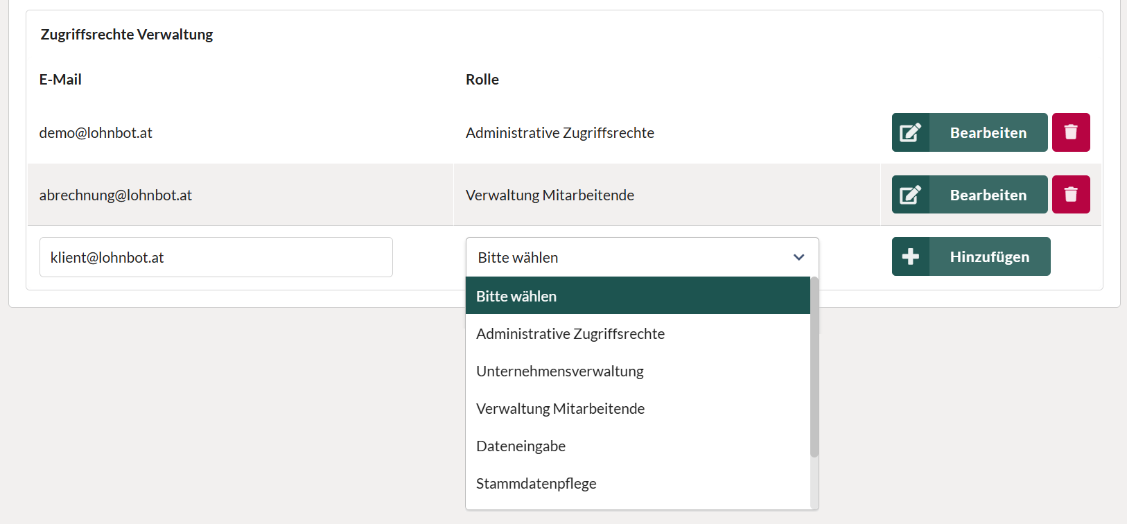 Hinzufügen eines bereits registrierten Users zur Zugriffsverwaltung