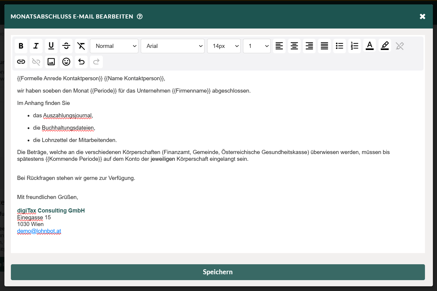 E-Mail Editor mit Beispiel Monatsabschluss E-Mail mit Platzhaltern