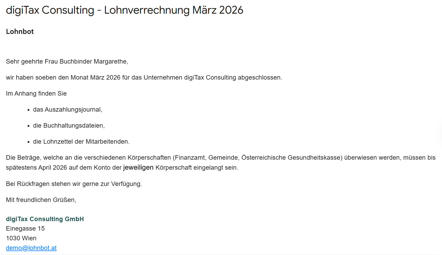 E-Mail die an Klient:in versendet wird - mit automatisch ausgefüllten Platzhaltern