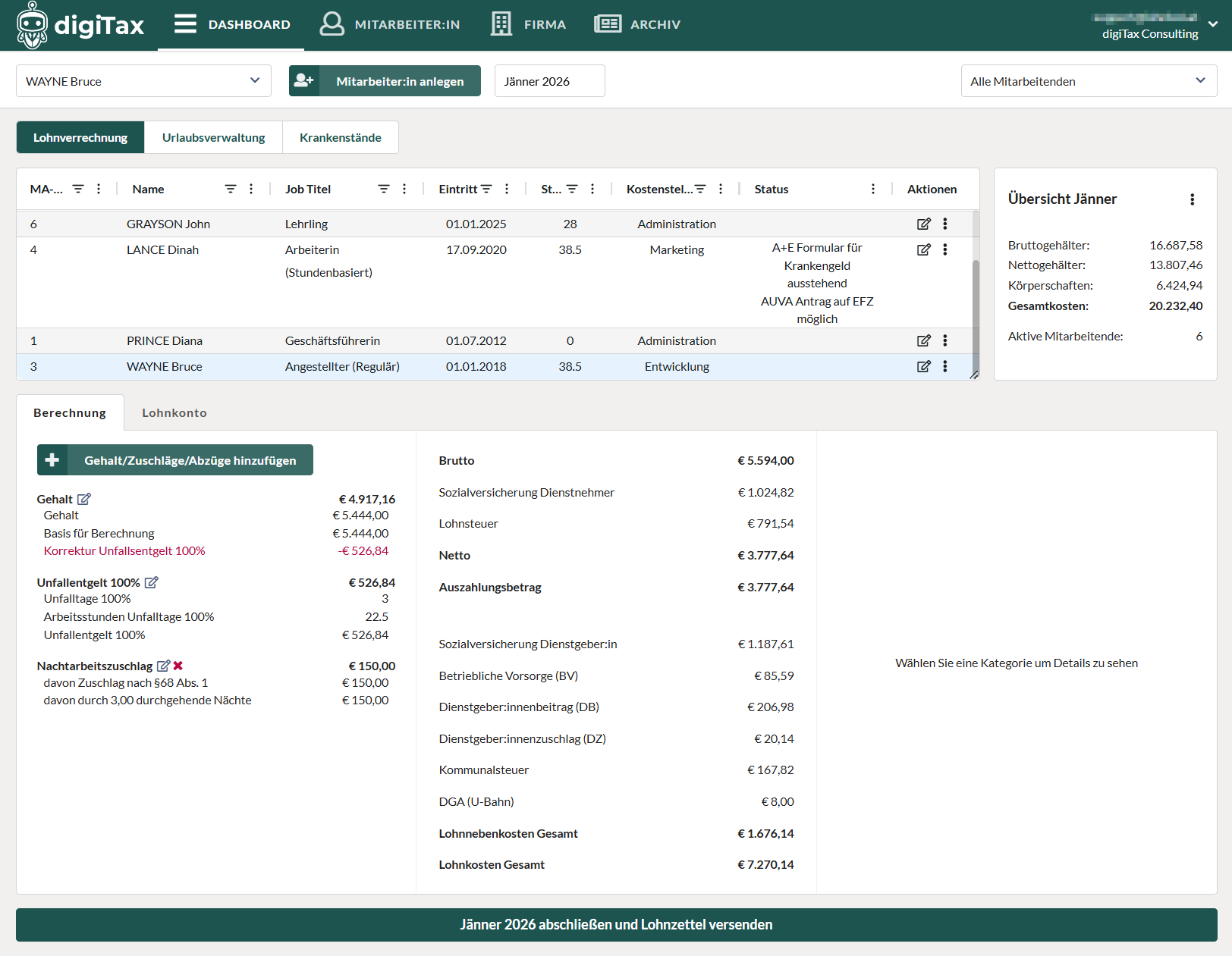Beispiel Lohnbot UI mit Corporate Identity (Firmen Logo und Farbe)