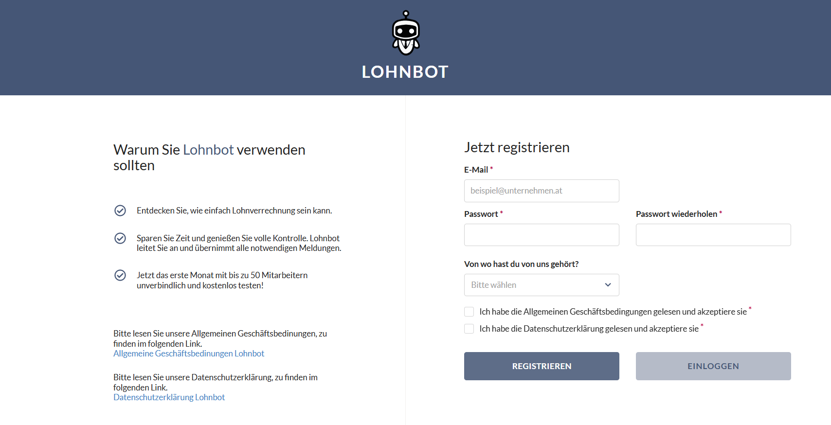 Registrierungsseite von Lohnbot