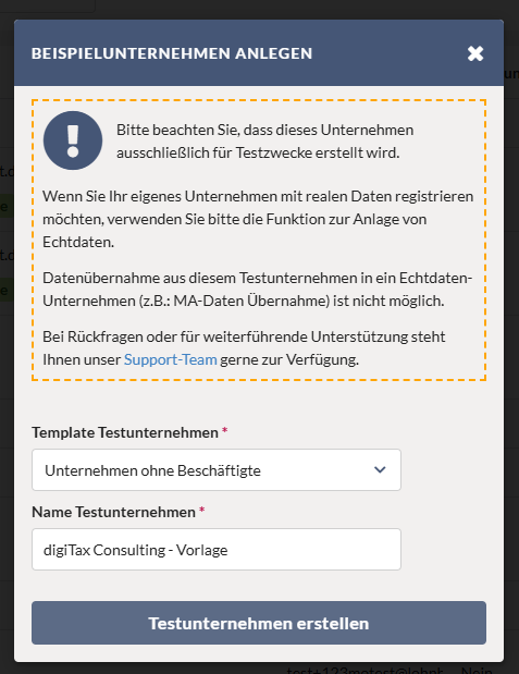 Beispiel für Anlage eines Vorlageunternehmens